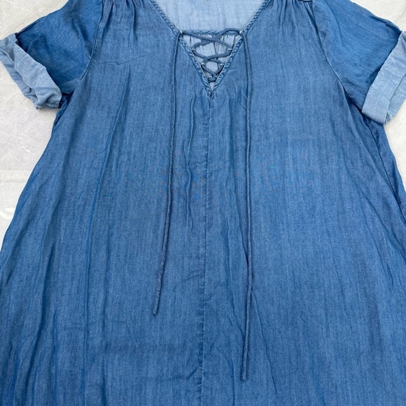 Women’s Lucky Brand Chambray Denim Lace Up Short Sleeve V-Neck Dress Medium - Picture 5 of 16